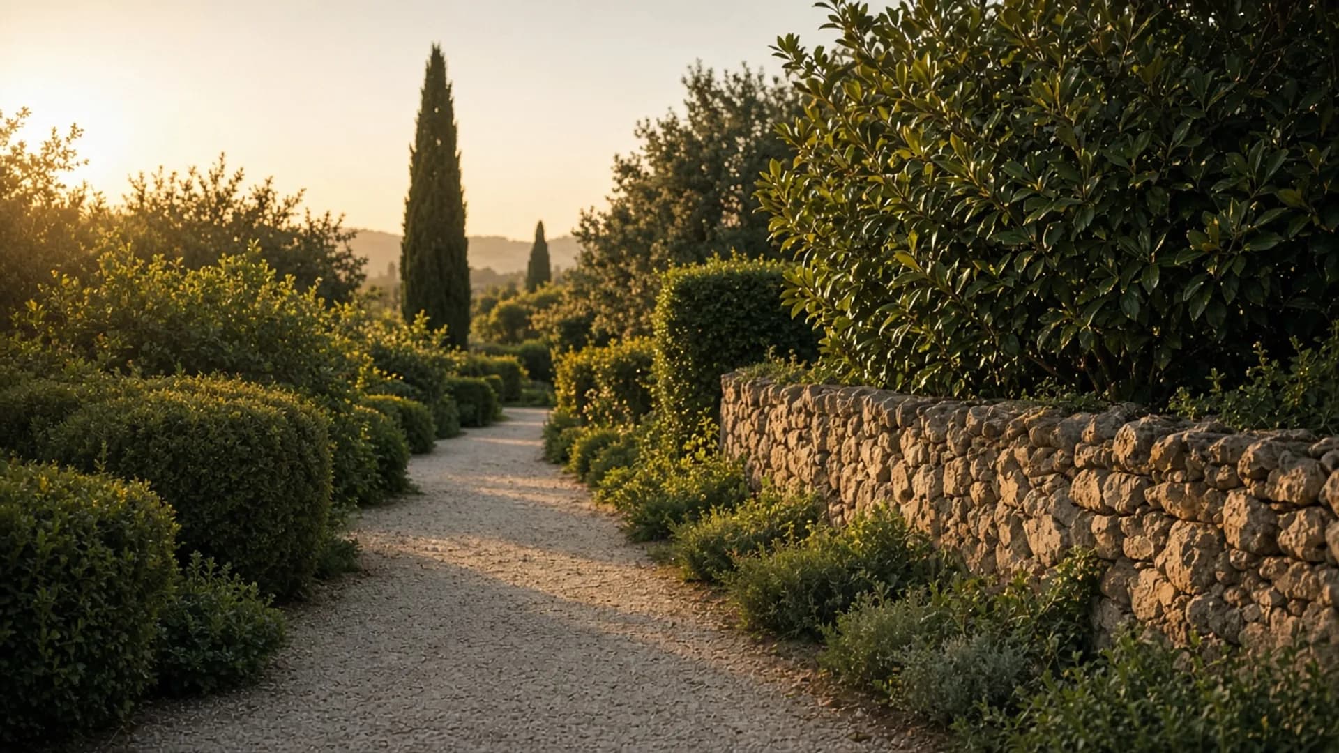 Sendero de grava entre setos mediterráneos, con luz de tarde y un ciprés al fondo