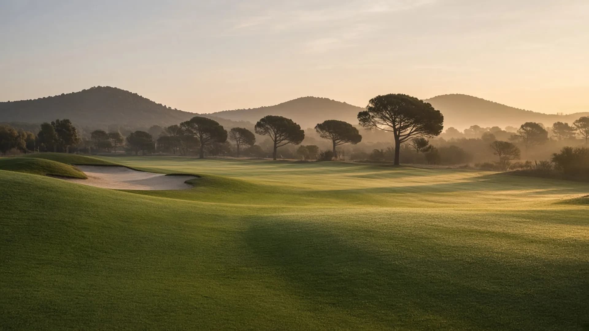 Fairway vacío al amanecer, con rocío, un bunker de arena y pinos al fondo