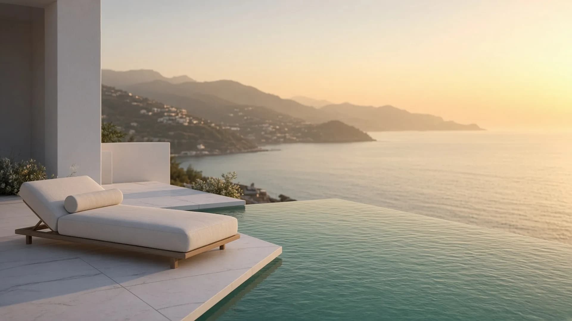 Terraza privada con piscina infinita al amanecer en la Costa del Sol