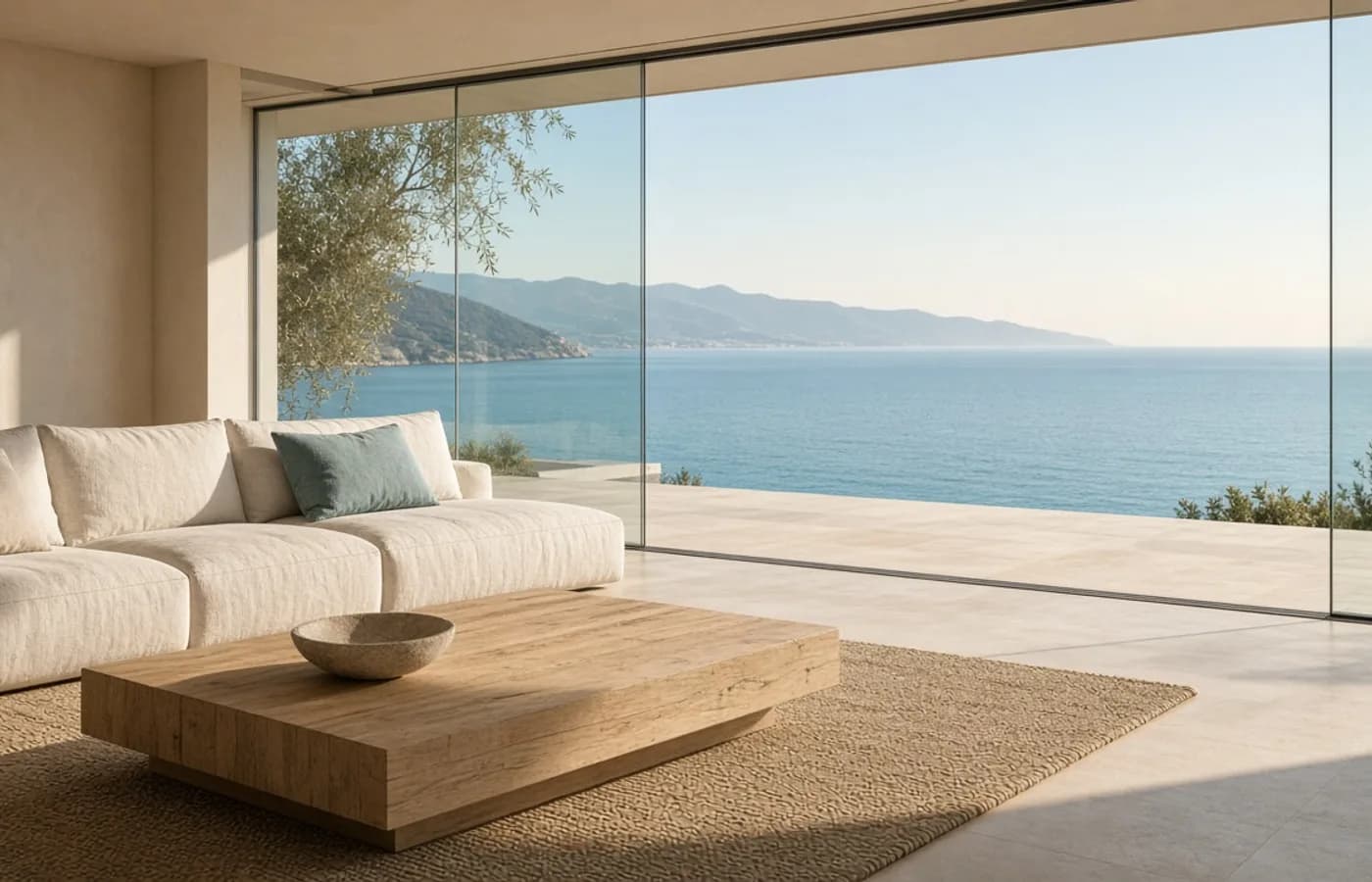 Salón luminoso de villa frente al Mediterráneo
